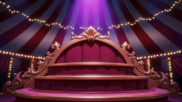 Circus Stage with Spotlight - A vibrant video of a circus stage with a red velvet platform and a decorative ornate gold seat as the centerpiece.