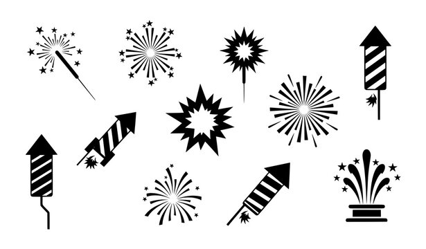 Cute black firework and sparkler vector icons for celebrations and party designs