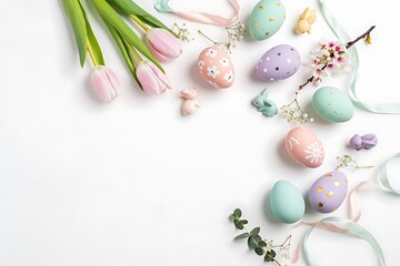 Colorful easter eggs and tulips