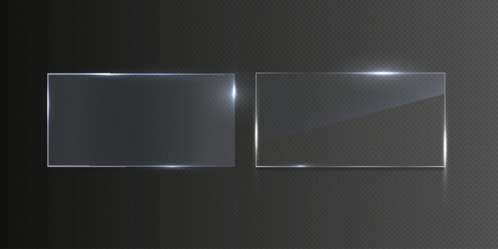 Flat glass plate, transparent banners, realistic screen glass, window mockup, clear glass showcase, glossy plastic glare frame, acrylic with glares and light, clear rectangular plate