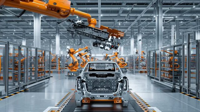 A factory with robots working on cars. The robots are orange and are in motion. Robotic arm handling electric vehicle assembly parts, modern factory automation, car spacious uncluttered layout