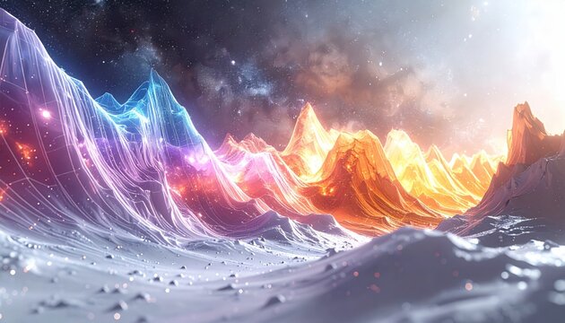 Colorful, glowing mountainscape with a starry night sky
