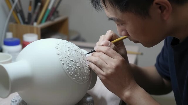 Artisan painting intricate relief patterns on white ceramic vase