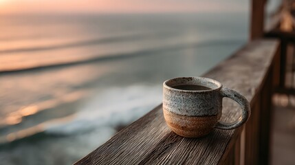 Naklejka premium Ceramic coffee mug resting on balcony railing, overlooking serene ocean horizon at sunrise, soft pastel colors in sky, peaceful morning mood.