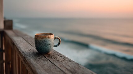 Naklejka premium Ceramic coffee mug resting on balcony railing, overlooking serene ocean horizon at sunrise, soft pastel colors in sky, peaceful morning mood.
