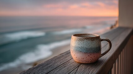 Naklejka premium Ceramic coffee mug resting on balcony railing, overlooking serene ocean horizon at sunrise, soft pastel colors in sky, peaceful morning mood.