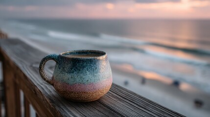 Naklejka premium Ceramic coffee mug resting on balcony railing, overlooking serene ocean horizon at sunrise, soft pastel colors in sky, peaceful morning mood.