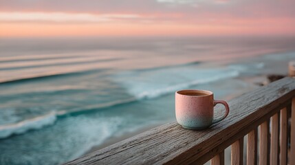 Naklejka premium Ceramic coffee mug resting on balcony railing, overlooking serene ocean horizon at sunrise, soft pastel colors in sky, peaceful morning mood.