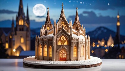 Miniature church, illuminated at night, snow-covered base, moonlit sky