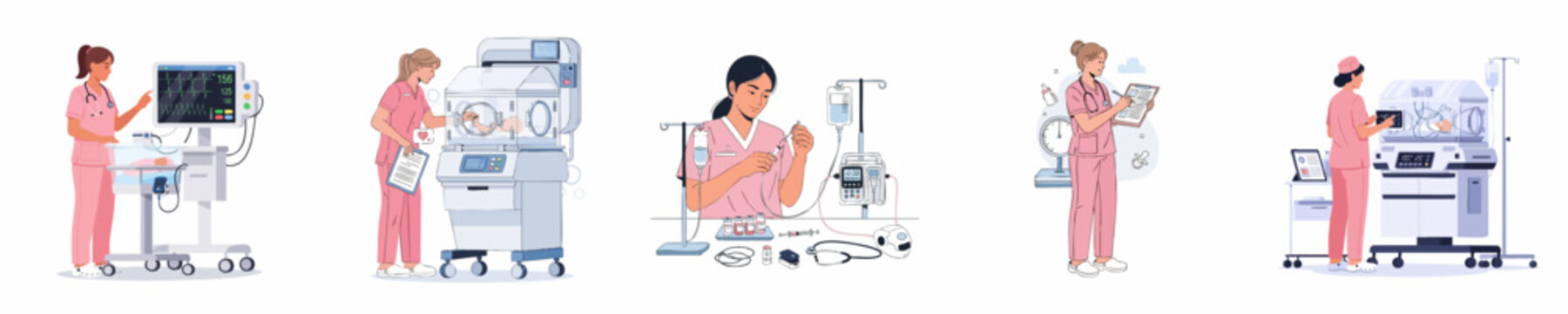 Nurses performing duties in the Neonatal Intensive Care Unit (NICU), including monitoring vital signs, checking newborns in incubators, and preparing IV infusions.