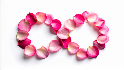 Fototapeta premium Heart shaped arrangement of pink rose petals on a white background for valentines day or anniversary celebration