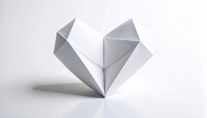 White origami heart shape made from folded paper on white background