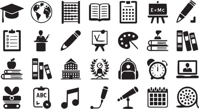 Conjunto de &iacute;conos educativos en estilo blanco y negro. Incluye herramientas escolares, arte y m&uacute;sica. Trazo editable.