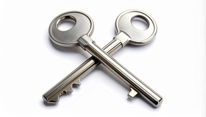 Two silver keys with round heads and flat teeth crossed over each other on white surface