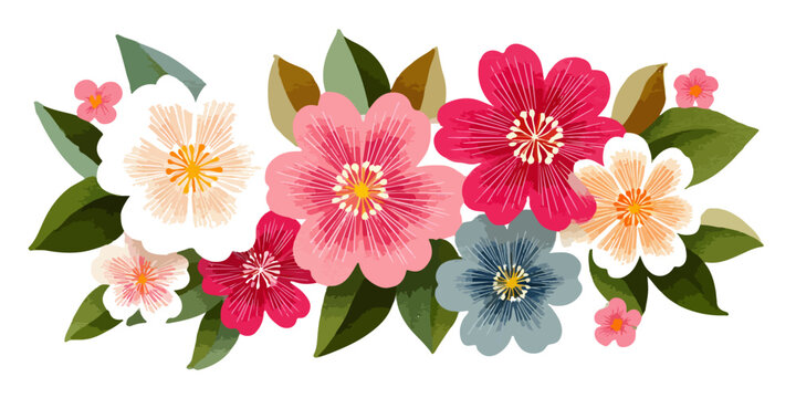 Arranjo floral vibrante com flores delicadas e folhas verdes em fundo transparente.