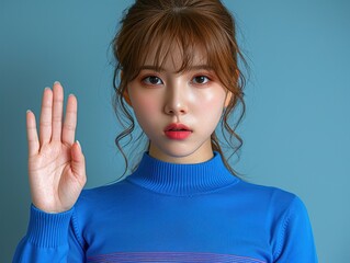 Young Woman Raising Hand Against Blue Background