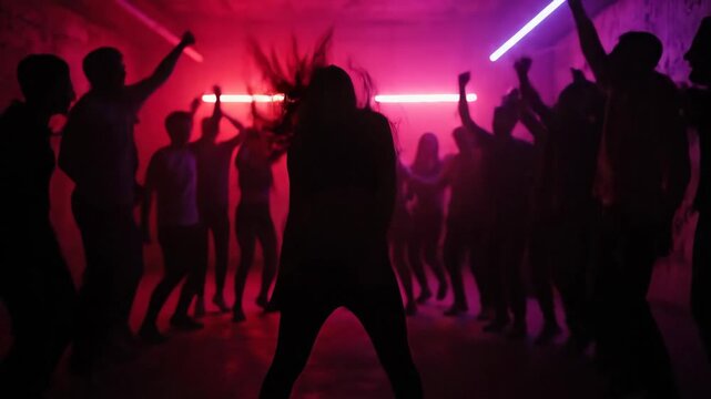 Nightclub Dance Party Silhouette - A crowd of people are silhouetted against a neon-lit nightclub setting. One person is shown in a bent-over dance pose while others raise their arms.