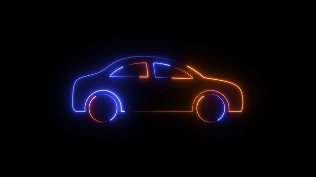 Neon Car Outline animation. Glowing automobile vehicle icon motion graphics. car driving, mode icon. Color glowing 4k video footage.