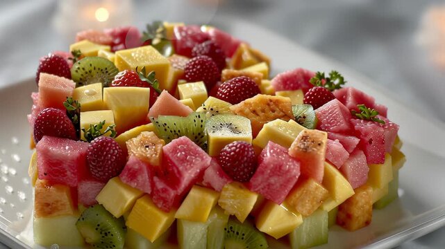 Valentine day. Fresh fruit dessert heart shape valentine day beach romantic summer watermelon strawberry fruit salad valentine day beach table romantic dessert with strawberry watermelon kiwi grape