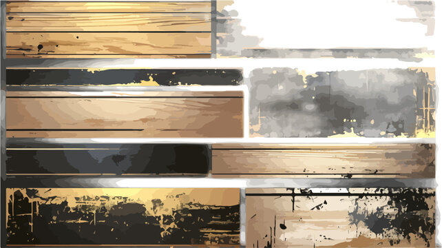 Conjunto de texturas de madeira e metal com efeito grunge e transparente para design gr&aacute;fico.