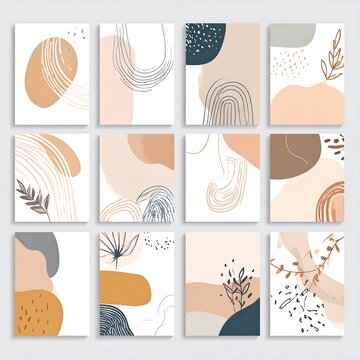 A collection of abstract art pieces with earthy tones and organic shapes