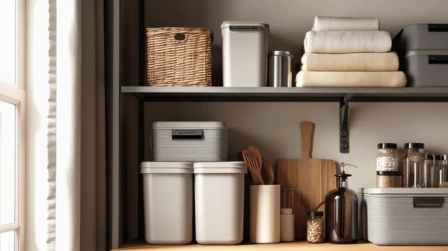 Lifestyle-oriented utility storage interior, blending practicality and home comfort, warm neutral tones, realistic materials and lighting, calm efficient living concept, premium editorial photography 