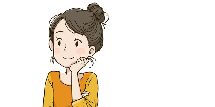 Mujer joven con mo&ntilde;o, apoyada en su mano, mirando pensativamente a un lado con una sonrisa.