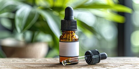 Amber Dropper Bottle with Dropper on Wooden Surface