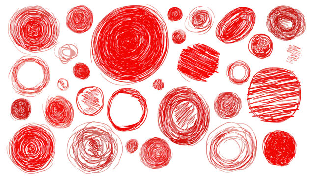 Conjunto de c&iacute;rculos vermelhos desenhados &agrave; m&atilde;o com texturas de rabiscos sobre fundo branco, conceito transparente.