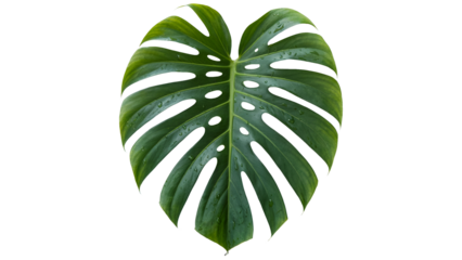 Large green monstera leaf with holes and tears on white background tropical plant Transparent PNG.
