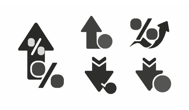 Percent arrow icon set showing growth increase and decrease symbols in filled vector style isolated on white background