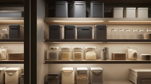 Minimalist utility storage room interior for residential use, emphasis on practicality and order, uniform containers and shelves, soft diffused lighting, realistic scale and materials, modern 