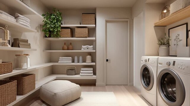 Lifestyle-oriented utility storage interior, blending practicality and home comfort, warm neutral tones, realistic materials and lighting, calm efficient living concept, premium editorial photography 