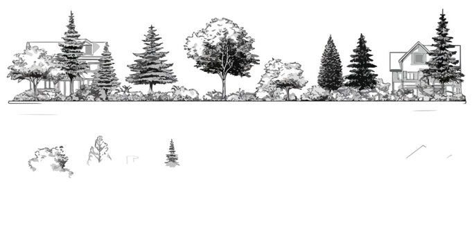 Ilustraci&oacute;n de &aacute;rboles y casas en estilo boceto, con elementos transparentes para dise&ntilde;o gr&aacute;fico.