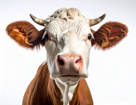Close-up portrait of a brown and white cow head isolated on white background.