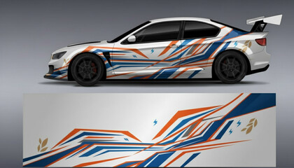 White sports car with a dynamic blue and orange geometric graphic design wrap, shown alongside the full decal pattern. © DB stock