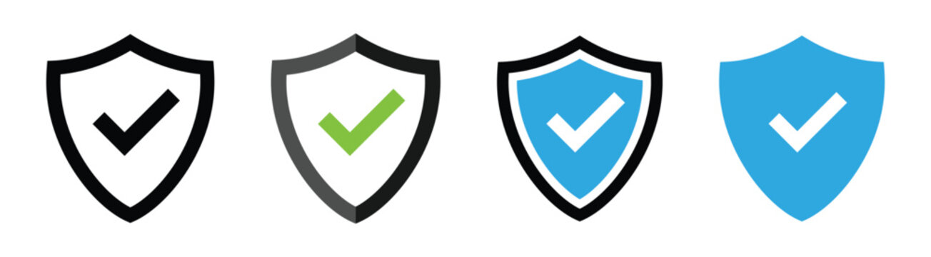 Security shield with checkmark icon set. Protection and safe symbol for  app, website or design element. Transparent PNG and vector