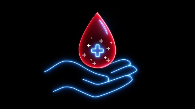 Blood donation concept, blood transfusion. World hemophilia day. World AIDS and hiv day. Animation of drop of blood in hand icon with plus sign 4k motion video isolated on transparent background.