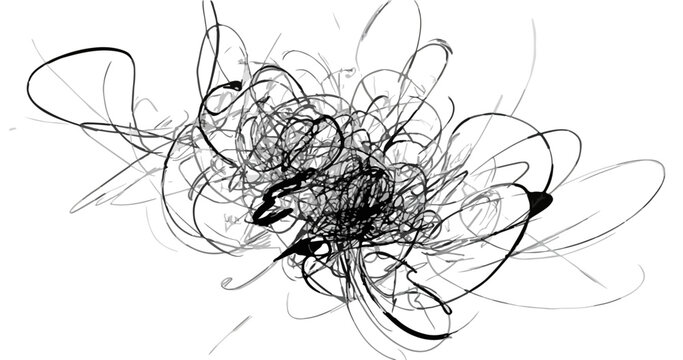 Abstracto trazo de pincel negro sobre fondo blanco, dise&ntilde;o de arte digital con l&iacute;neas ca&oacute;ticas y org&aacute;nicas.