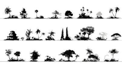 Silhuetas de &aacute;rvores e plantas tropicais diversas em fundo transparente para design gr&aacute;fico e arquitetura