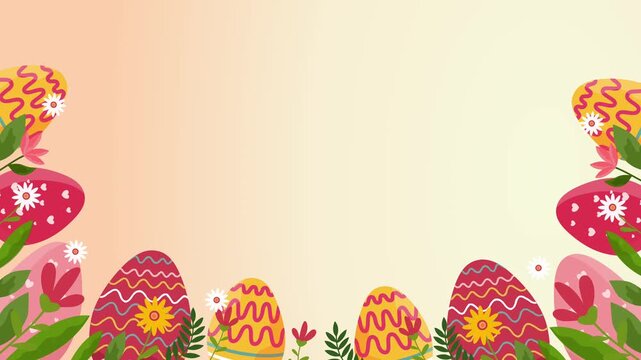 decorative easter egg border on beige background with colorful floral patterns