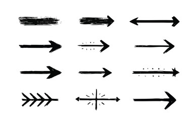 Conjunto de setas desenhadas &agrave; m&atilde;o em preto e branco, com diferentes estilos, sobre fundo transparente.