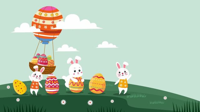 cute bunnies in hot air balloon over green meadow with eggs
