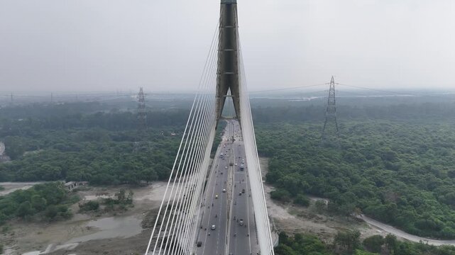 Aerial view of Signature Bridge of Delhi, India
