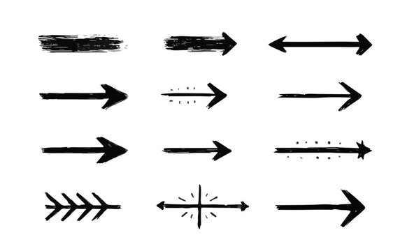 Conjunto de setas desenhadas &agrave; m&atilde;o em preto e branco, com diferentes estilos, sobre fundo transparente.