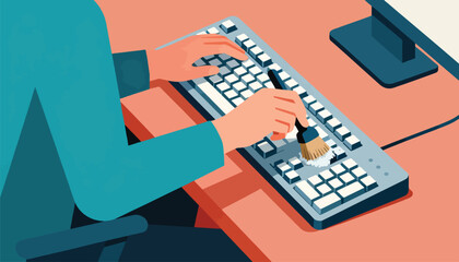Hands cleaning computer keyboard with brush