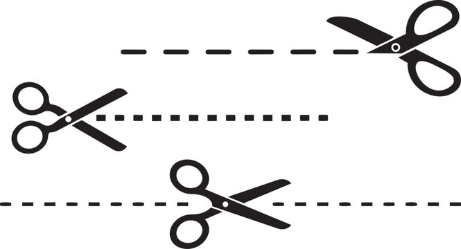 Scissors Cutting Dashed Lines &ndash; Stylized Black Icons with Varying Dash Patterns for Craft, Coupon, and Instructional Design