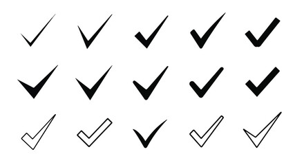 Black Vector Check Mark Icons Set on White Background