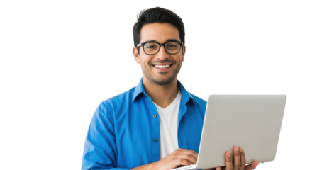 Smiling man with glasses holding laptop, isolated on transparent background