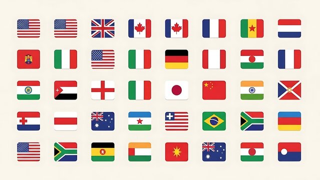 A grid of colorful flags from various countries, displayed as rounded squares, represents global diversity and international relations.